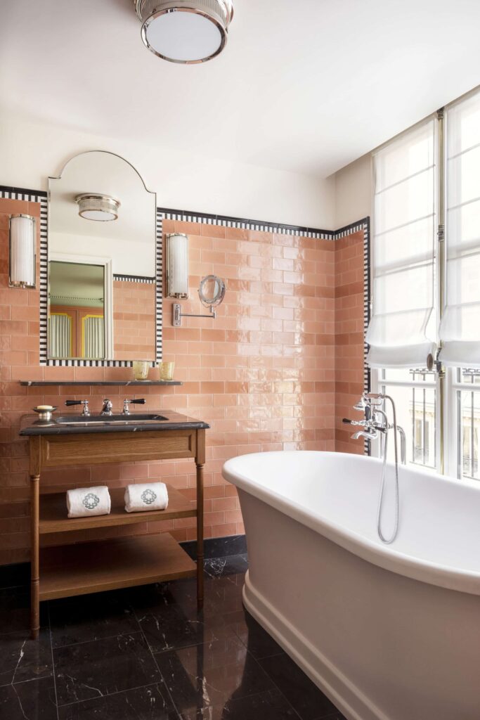 bathroom remodel ideas pink striped tiled wall