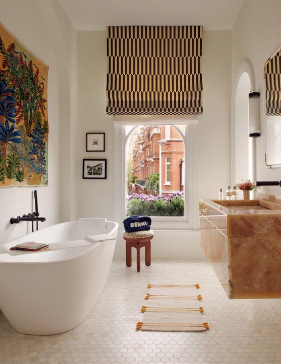 bathroom with roman shades